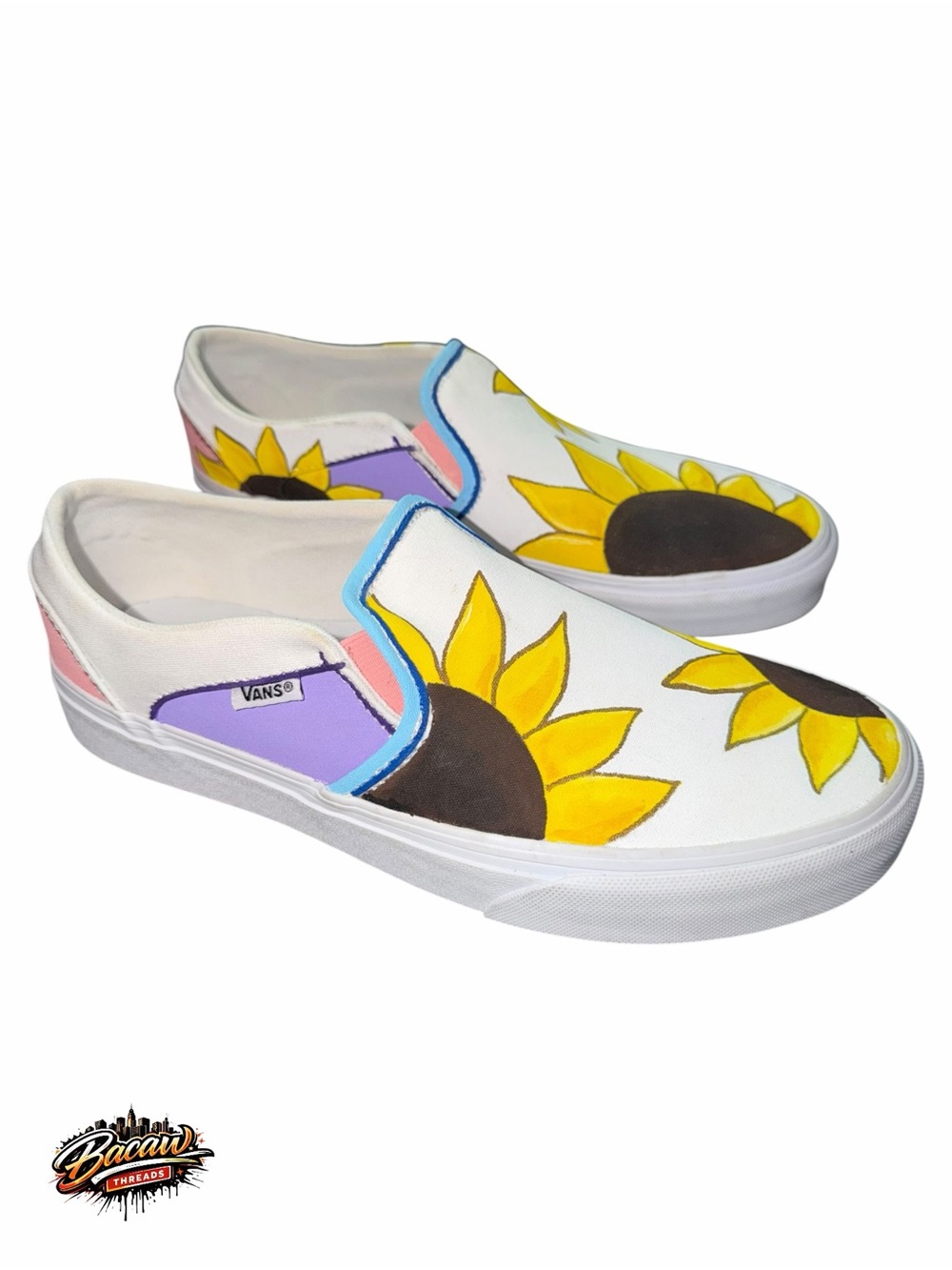 Vans Women’s White Custom Hand Painted Yellow Sunflower Slip-On Shoes 8.5‎